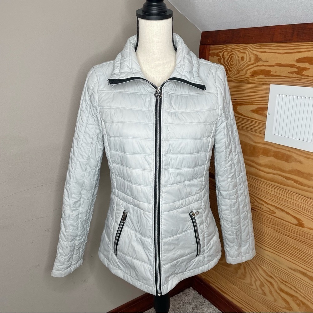 Guess Light Gray Full Zip Collared Puffer Jacket Small Winter Outerwear